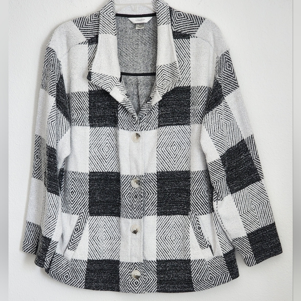 Christopher & Banks Fleece Jacket Black White Buffalo Plaid Button Front Size 2X